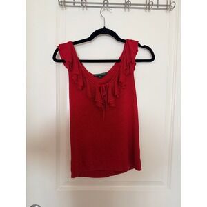 Lauren Ralph Lauren Red Silk Ribbed Ruffle Tie Neck Tank Top Womens Size L